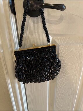 Vintage Walborg Richere Black Beaded Clutch Evening Bag Hand Made Hong Kong 1960
